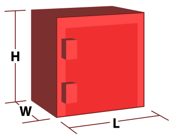 LxWxH Diagram red explosive storage magazine with height, width, and length directions