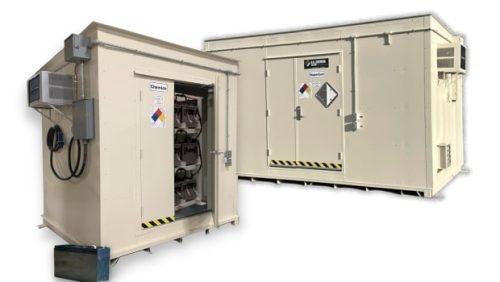 Two Lithium Battery Buildings Two Lithium Battery Buildings created by US Chemical Storage for safety while storing or charging