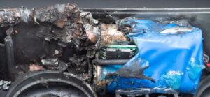 Battery within personal computing equipment after a lithium-ion battery fire. Melted and charred