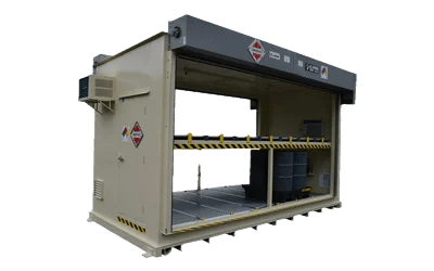Chemical storage building with double roll-up doors - transparent background