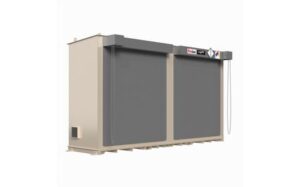 FireLoc 2105 hazmat and flammable chemical storage building with two manual roll up doors