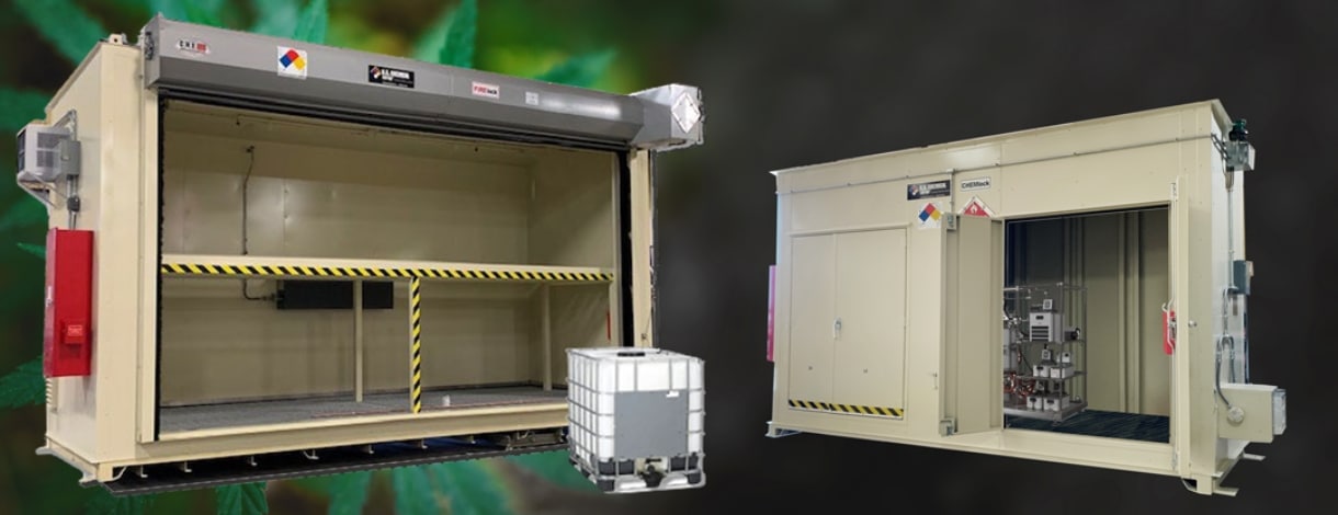 Two buldings common to the extraction industry built by US Chemical Storage: an IBC tote building for storage of ethanol, and an equipment building.